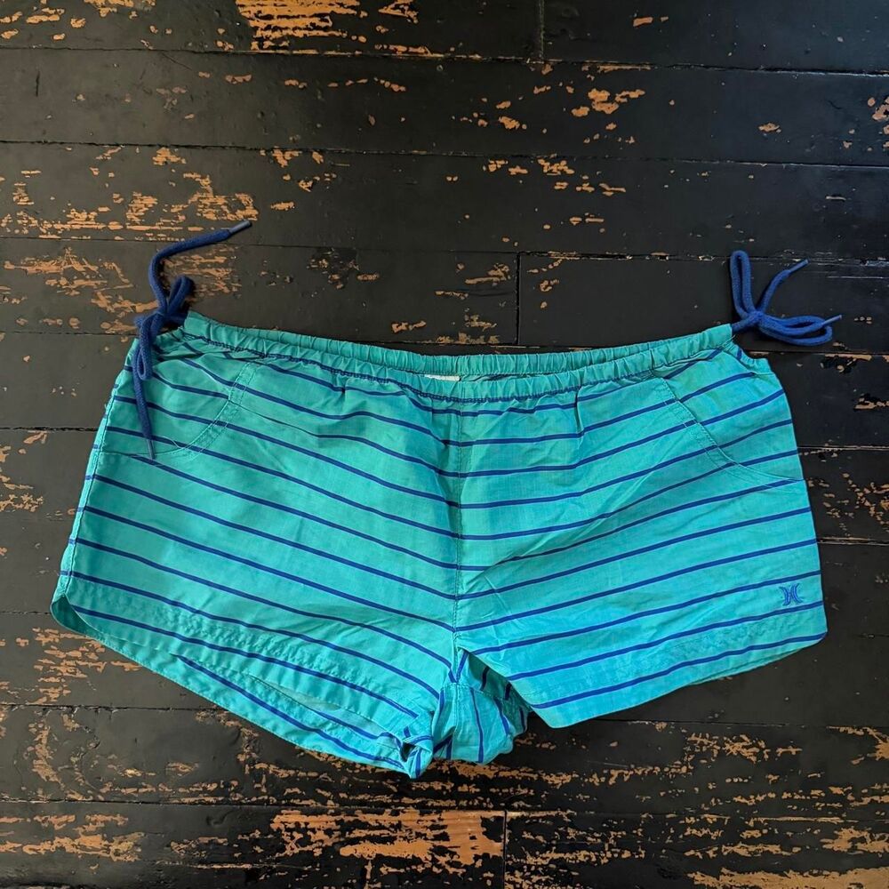 Hurley teal blue striped surf micro shorts double ties